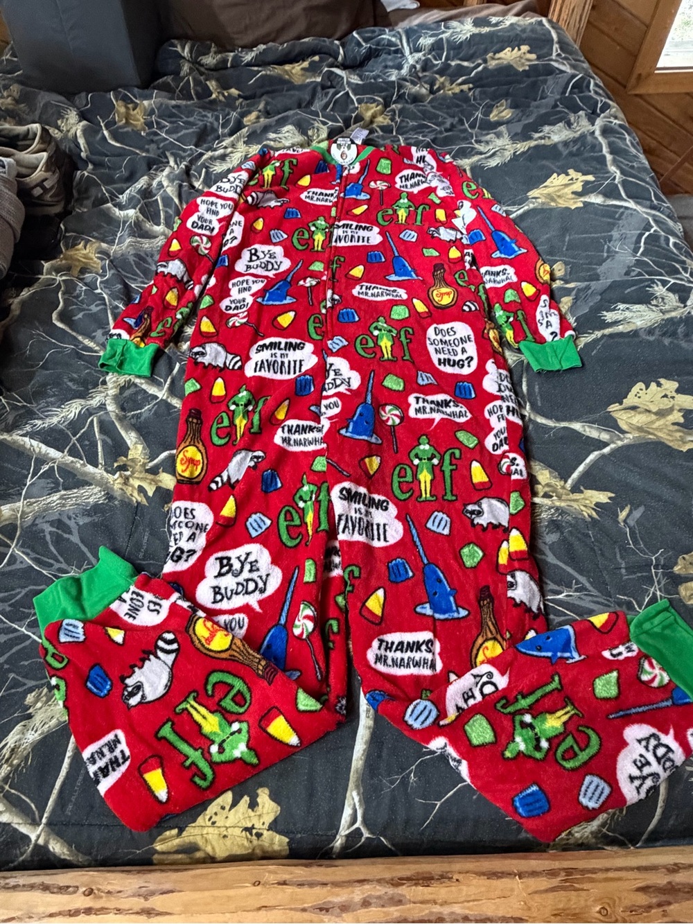 ELF Red Adult Fleece One-Piece Footie with Green Trim and Multicolor Prints